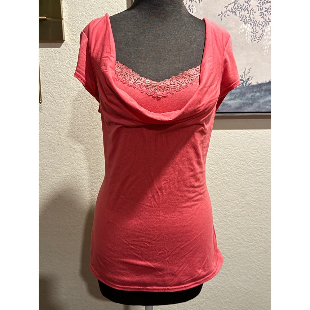 Candies Womens XL Coral Pink Cowl Neck Lace Trim Layered Look Short Sleeve Top
